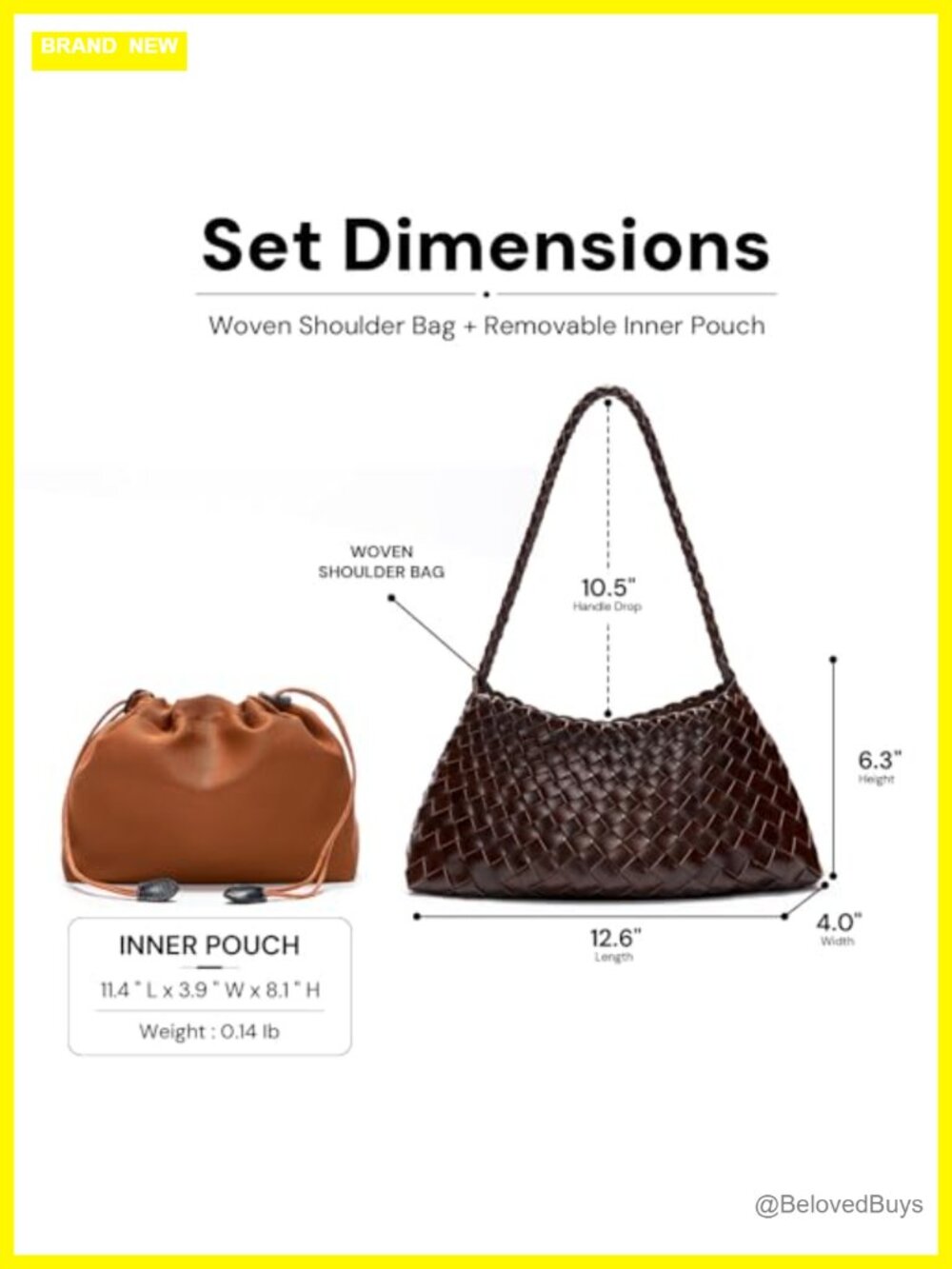Woven Vegan Leather Shoulder Purse with Drawstring Pouch, Braided Strap Hobo - Picture 3 of 4